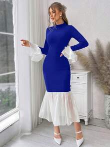SHEIN Privé Ladies' Color Block Mermaid Hem Dress - Royal Blue - View 5