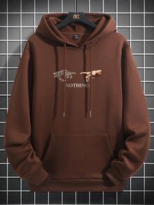 Manfinity 寬鬆男款手勢印花連帽衫,保暖襯裡 - 咖啡棕 - 查看 4