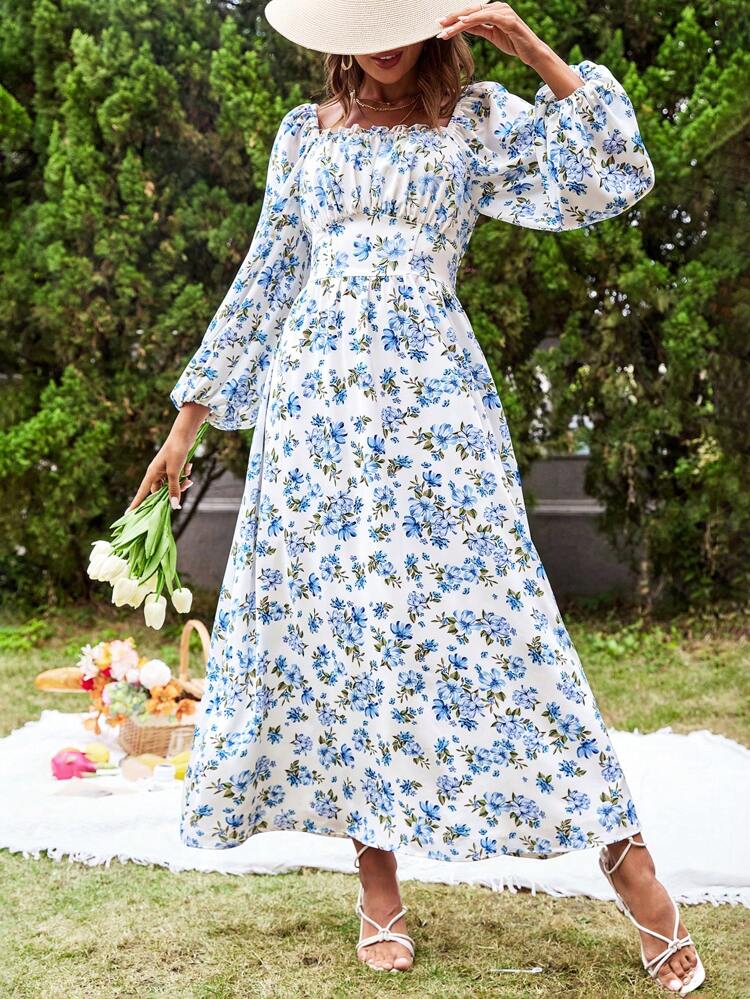 Summer Romantic Beach Ladies' Vacation Floral Printed Square Neck Lantern Sleeve White Dress