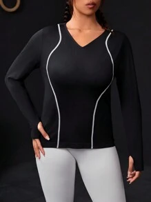 Easithlete 女士加大碼運動v領長袖衣 - 黑色 - 查看 4