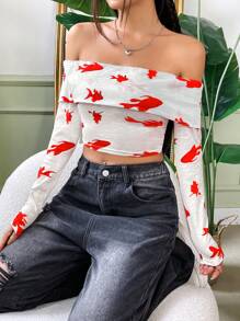 SHEIN EZwear Off Shoulder Goldfish Printed Cropped T-Shirt - White - View 4