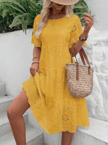 Breezaya Women Dresses Ruffle Hem Scallop Bordir Eyelet Plain Boho - Kuning - View 6