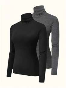 SHEIN Essnce Plus Size Women's Stand Collar Long Sleeve T-Shirt - Multicolor - View 1