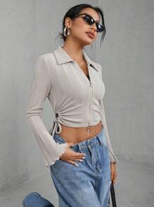 INAWLY Zipper Front Drawstring Shortened T-Shirt With Side Cutout - Khaki - View 3