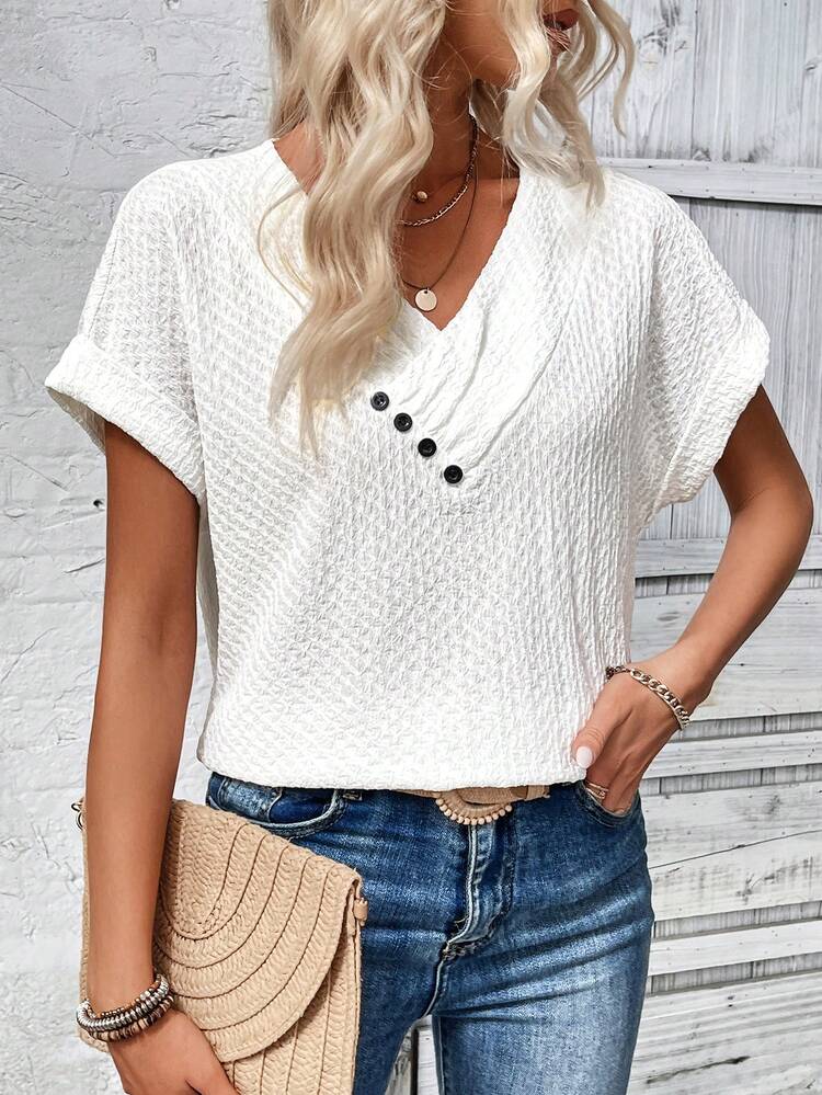 Button Decorated V-Neck Batwing Sleeve T-Shirt