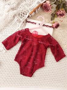 Newborn Baby Girls' Lace Romper With Headband Photography Set - Red - View 2