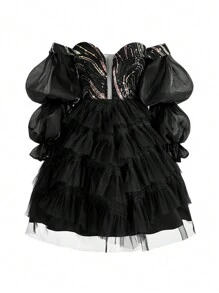 SHEIN Belle Women's Off Shoulder Sequin Patchwork Multi-Layer Mesh Ruffled Cocktail Dress For Party - Black - View 1
