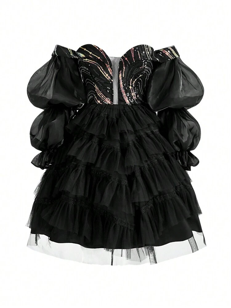 Women's Off Shoulder Sequin Patchwork Multi-Layer Mesh Ruffled Cocktail Dress For Party
