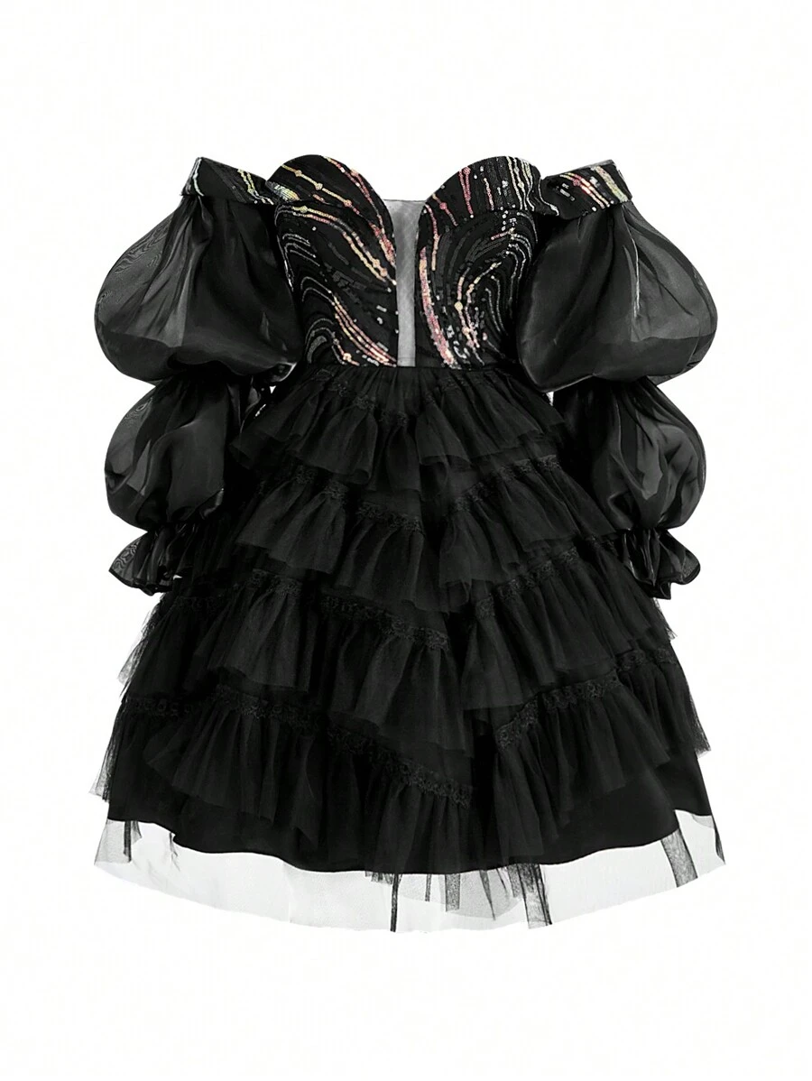SHEIN Belle Women's Off Shoulder Sequin Patchwork Multi-Layer Mesh Ruffled Cocktail Dress For Party - Black - View 1