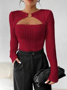 Firerie 女款純色羅紋針織鏤空t卹 - 酒紅色 - 查看 1
