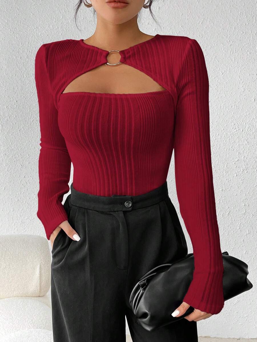 Firerie 女款純色羅紋針織鏤空t卹 - 酒紅色 - 查看 1