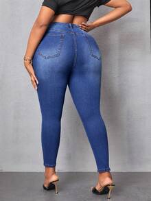 SHEIN SXY 大尺碼女款修身破洞牛仔褲 - 藍色 - 查看 2