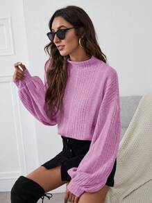SHEIN Essnce Women's Stand Collar Drop Shoulder Long Sleeve T-Shirt - Lilac Purple - View 1