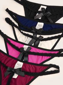 5pcs Bowknot Decorated Lace Trimmed Thong - Multicolor - View 5