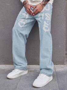 Manfinity Roghcode 男士加大號直筒牛仔褲，具有字母印花寬鬆長款刺繡摩托滑板運動褲，貨運塗鴉純色淺藍派對Y2K風格 - 淺色水洗藍 - 查看 4