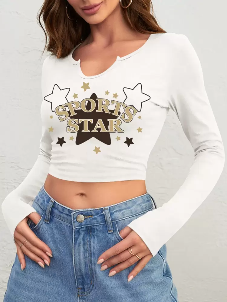 Women's Star & Letter Print Notch Neck Long Sleeve T-Shirt Fall Cloth For Women