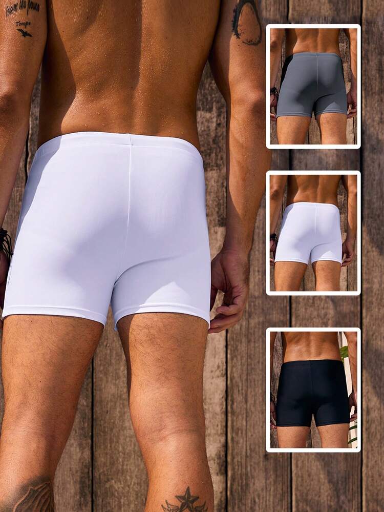 Men'S 3pcs Solid Color Swim Shorts With Drawstring Waist