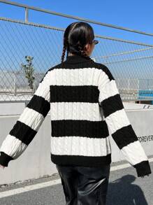 SHEIN EZwear 女士扭轉條紋圖案針織衫 - 黑與白 - 查看 2
