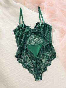 SHEIN 女式性感蕾絲拼接連身衣內衣 - 墨綠色 - 查看 7