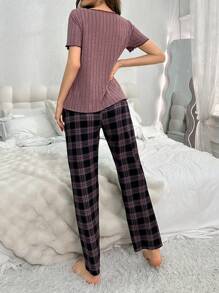 Women's Short Sleeve Ribbed Top And Capri Pants Pajama Set - Dusty Pink - View 2
