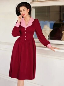 Vintamour Women's Vintage Color Block High Neck Dress - Burgundy - View 6