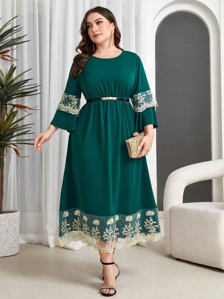 Plus Size Colorblock Embroidered Mesh Decor Round Neck Dress Without Belt