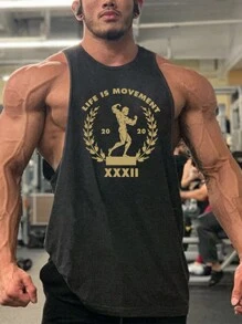 GymBeat 男友风男士字母印花运动背心健身上衣透气轻便 - 灰色 - 查看 1