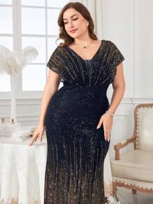 UNITHORSE [随机剪裁] 加大码蝙蝠袖亮片美人鱼礼服黑色优雅正式晚会舞会婚礼宾客礼服，适合毕业典礼、晚宴派对礼服、新娘礼服、生日女士服装 - 藏蓝色 - 查看 8