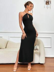 SHEIN Privé 女款純色鏤空側開衩鏈條細節掛脖連身裙 - 黑色 - 查看 3