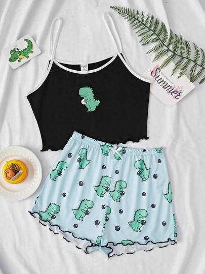 Teenage Girls' Cute Dinosaur Print Cami & Shorts Comfortable And Refreshing 2-Piece Home Wear