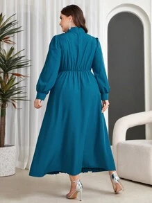 Modelyn Plus Size Plain Stand Collar Wrap Dress With Pleated Hem - Teal Blue - View 2