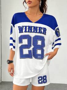 SHEIN Coolane 字母印花拼色t恤短褲套裝 - 藍色 - 查看 4