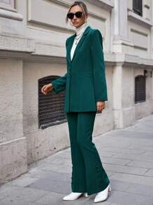 EURMUSE Women's Solid Color Suit Jacket & Flared Pants - Green - View 5
