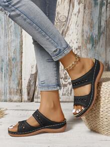 Women's Hollow Out Design Diamond Pattern Fashionable, Casual, Comfortable, Travel, Beach Wedge Heel, Thick Sole Sandals