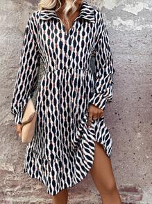 SHEIN LUNE Full Printed Long Sleeve Casual Dress - Black - View 5