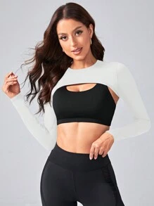 SHEIN Cheerettes Solid Color Crop Top Sports T-Shirt Fitted Long Sleeve Shirt - White - View 5