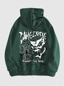 ROMWE MEN Grunge Punk 男士字母和蜘蛛印花前拉鍊連帽長袖運動衫 - 綠色 - 查看 2