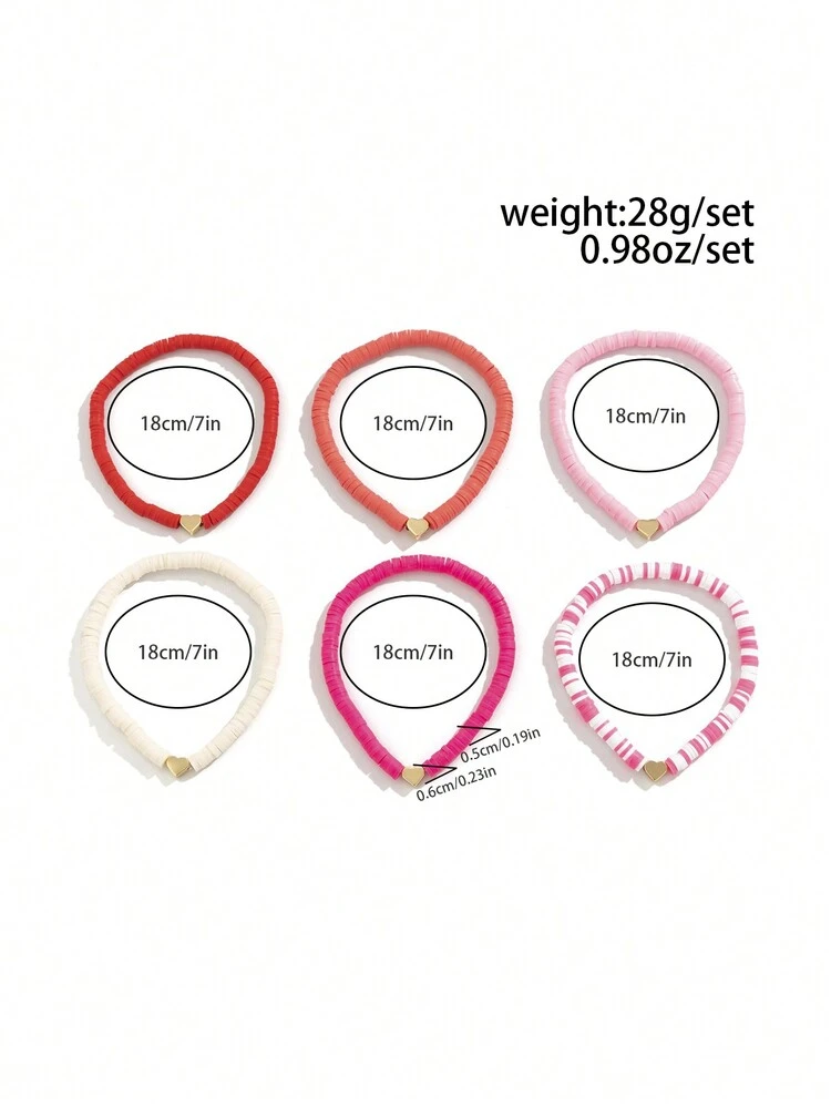 6pcs Sweet & Cute Heart Shaped Beaded Soft Clay Bracelet Set For Women, Ideal For Daily Wear, Friends' Gathering And Valentine's Day Gift (Bracelet+Card)