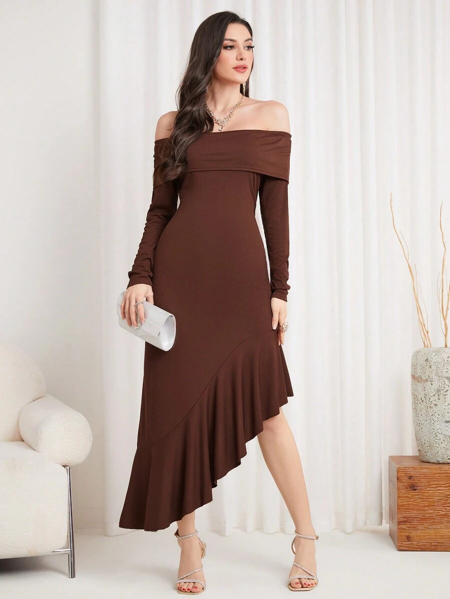 Modelyn Women's Off Shoulder Ruffle Hem Dress Maxi Women Outfit - Coffee Brown - View 1