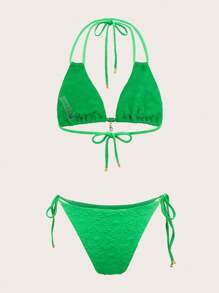Swim SXY Summer Beach Ladies' Textured Halter Neck Bikini Set - Green - View 4