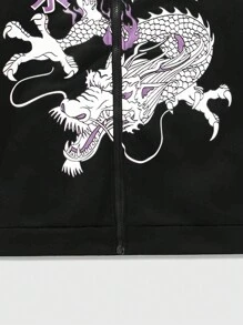 ROMWE MEN Street Life Men's Dragon Pattern Letter Print Zippered Hoodie - Black - View 5