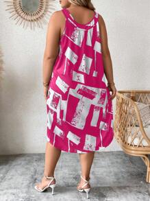 SHEIN Clasi Plus Size Geometric Pattern Sleeveless Dress - Rose Red - View 2