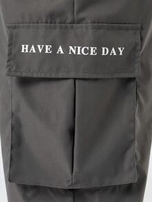 Manfinity Hypemode Men's Slogan Printed Drawstring Waist Cargo Pants - Dark Grey - View 5