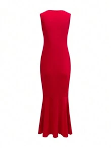 Vestido De Cola De Sirena Sin Mangas - Rojo - Ver 2