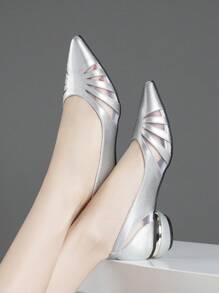 Women's Chunky Heel Pointed Toe Pumps With Floral And Rhinestone Mesh Decor, Mid-Heel,Elegant - Silver - View 4