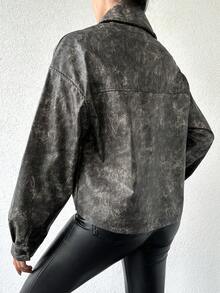 EURMUSE Women's Boyfriend Style Faded Denim Jacket With Drop Shoulder - Black - View 3