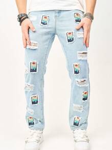 Manfinity Homme Gedruckte Männer Zerrissene Straight Leg Jeans - Blau - Übersicht 6