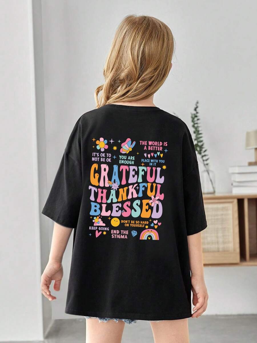 SHEIN 少女时尚休闲卡通标语印花宽松短袖T恤，母女装（3件套单独出售） - 黑色 - 查看 1