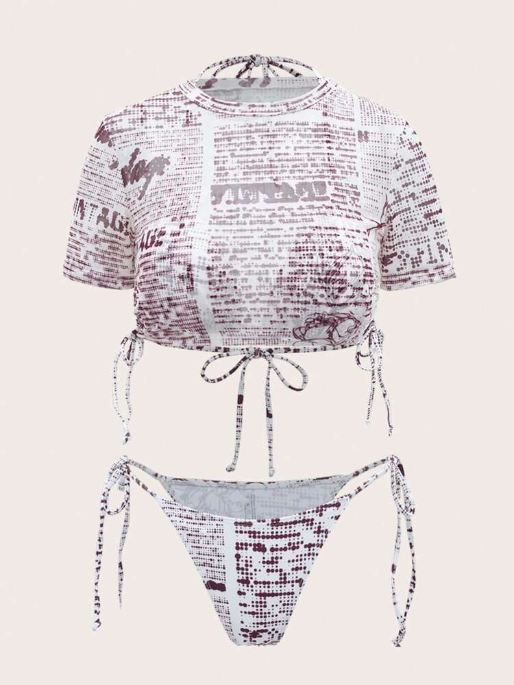 Women's All Over Print Short Sleeve Two-Piece Bikini Set Music Festival Summer Beach