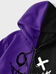 ROMWE MEN Street Life Spring Casual Graphic Men'S Color Block Drawstring Hooded Zip Up Hoodie With Pattern Printing, School, For Fall Winter, Long Sleeve Top - Multicolor - View 3